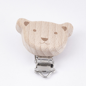 Beech Wood Baby Pacifier Holder Clips, with Iron Clips, Bear, Platinum, BurlyWood, 49x50x18mm, Hole: 3.5x6mm