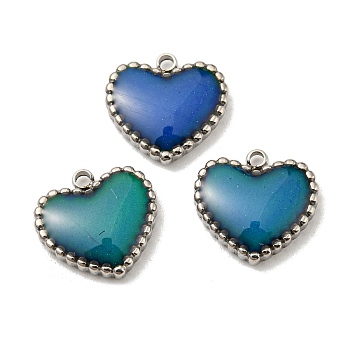 304 Stainless Steel Enamel Charms, Change Color, Heart Charm, Stainless Steel Color, Royal Blue, 10x10.5x2.5mm, Hole: 1.2mm
