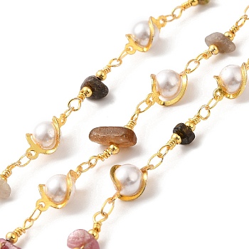 Handmade Natural Tourmaline Chip Beaded Chains, Real 18K Gold Plated Brass Glass Link Chains, Soldered, with Spool, Cadmium Free & Lead Free, Bead link: 12.5x8x6mm, Gemstone Chip: 16~19x8.5~10x5~6.5mm