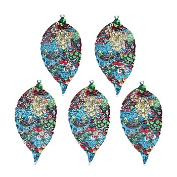 430 Stainless Steel Big Pendants, Spray Painted, Etched Metal Embellishments, Leaf with Plant Pattern, Dark Turquoise, 64.5x30.5x0.3mm, Hole: 1.6mm
