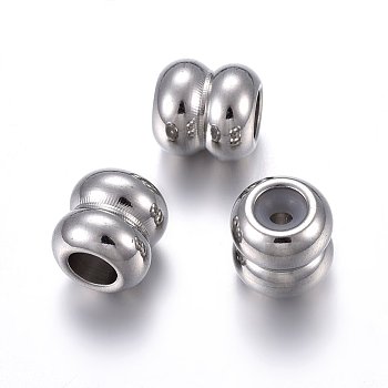 201 Stainless Steel Beads, with Rubber Inside, Slider Beads, Stopper Beads, Column, Stainless Steel Color, 9x9mm, Hole: 4.5mm, Rubber Hole: 2mm