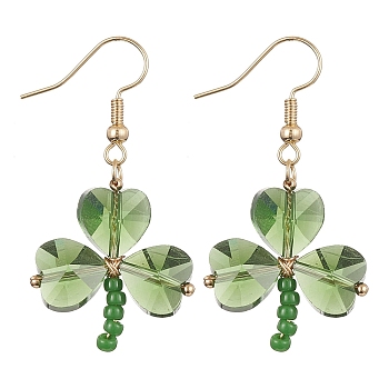 Glass Beaded Clover Dangle Earrings, Brass Wire Wrap Earrings, Green, 43x33mm