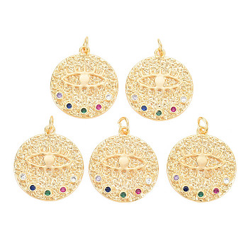 Rack Plating Brass Micro Pave Colorful Cubic Zirconia Pendants, with Jump Rings, Nickel Free, Flat Round with Evil Eyes, Real 18K Gold Plated, 22x20x2mm, Jump Ring: 5x1mm, 3mm