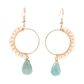 Faceted Teardrop Natural Amazonite Dangle Earrings, with Natural Pearl Beads and Brass Earring Hooks, Golden, 62mm, Pin: 0.8mm