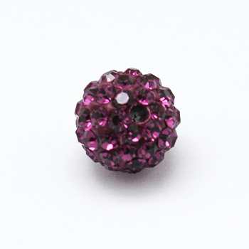 Pave Disco Ball Beads, Polymer Clay Rhinestone Beads, Grade A, Round, Fuchsia, PP14(2~2.1mm), 10mm, Hole: 1.0~1.2mm