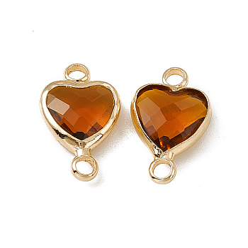 Transparent K9 Glass Connector Charms, Heart Links, with Light Gold Tone Brass Findings, Smoked Topaz, 14x8.5x3.7mm, Hole: 1.8mm