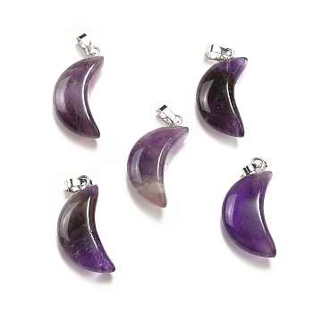 Natural Amethyst Pendants, Moon Charms, with Platinum Tone Brass Findings, 25~25.5x12x5.5mm, Hole: 6x2.5mm