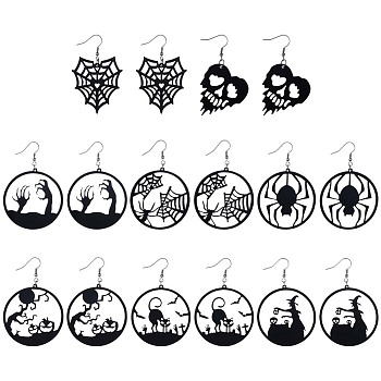 8 Pairs 8 Styles Halloween Spider Web & Witch & Cat & Skull Acrylic Dangle Earrings for Women, Electrophoresis Black, 62~70mm, Pin: 0.8mm, 1 Pair/style
