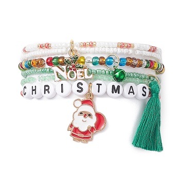 4Pcs 4 Style Word Christmas Plastic & Glass Beaded Stretch Bracelets Set, Santa Claus & Word Noel Alloy Enamel & Tassel Charms Stackable Bracelets for Women, Mixed Color, Inner Diameter: 2-3/8 inch(5.9cm), 1Pc/style