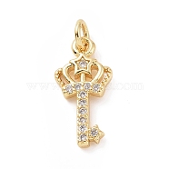 Brass Micro Pave Cubic Zirconia Pendants, with Jump Ring, Crown Key with Star Charm, Golden, 16x8x1.5mm, Hole: 2.8mm(KK-C012-18G)