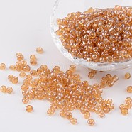 Round Glass Seed Beads, Trans. Colours Lustered, Goldenrod, Size: about 4mm in diameter, hole: 1.5mm, about 496pcs/50g(X-SEED-A006-4mm-102B)