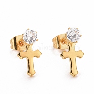 Cross SteelStud Earrings, with 316 Stainless Steel Pin & Glass Imitation Cubic Zirconia, Golden, 13x7mm, Pin: 0.7mm(EJEW-C019-18G)