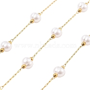 Ion Plating(IP) 304 Stainless Steel Paperclip Chains, Soldered, with ABS Imitation Pearl Beads, Real 18K Gold Plated, Real 18K Gold Plated, 5x6.5x5.5mm, about 16.40 Feet(5m)/Roll(CHS-P018-04A-G)