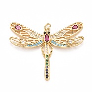 Rack Plating Brass Colorful Cubic Zirconia Pendants, Cadmium Free & Nickel Free & Lead Free, Long-Lasting Plated, Dragonfly, Real 18K Gold Plated, 37.5x45x3mm, Jump Ring: 5x1mm, Inner Diameter: 3mm(X-KK-M229-03G)