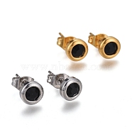 304 Stainless Steel Stud Earrings, with Cubic Zirconia and Ear Nuts, Flat Round, Black, Mixed Color, 6.5mm, Pin: 0.7mm, 6pairs/card(EJEW-L251-B03)