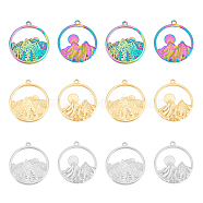 12Pcs 6 Styles  304 Stainless Steel Pendants, Ring with Mountain & Sun Charms, Mixed Color, 27.5x25x1.5mm, Hole: 1.4~1.6mm, 2pcs/style(STAS-UN0044-60)