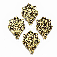 Tibetan Style Alloy Chandelier Component Links, 3 Loop Connectors, Chandelier Component Links, 3 Loop Connectors, for Religion, Cadmium Free & Lead Free, Oval with Virgin Mary & Words, Antique Golden, 29x20x3mm, Hole: 1.8mm and 1mm(X-TIBE-N011-002AG-RS)