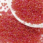 6/0 Round Glass Seed Beads, Grade A, Transparent Colours Rainbow, Cerise, 3.6~4.0mm, Hole: 1.2mm, about 5000pcs/pound(SEED-J011-F6-165B)