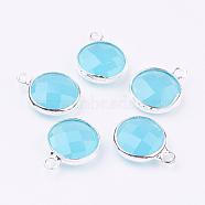 Silver Color Plated Brass Glass Flat Round Charms, Faceted, Light Blue, 12x8.5x3mm, Hole: 1.5mm(GLAA-M003-A-17S)