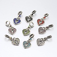 Large Hole Heart Lock Alloy Rhinestone European Dangle Charms, Antique Silver, Mixed Color, 25mm, Hole: 5mm(MPDL-L010-04)