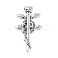 Retro 304 Stainless Steel Big Pendants, Cross with Snake Charm, Antique Silver, 55x31x4mm, Hole: 5mm(STAS-I205-39AS-01)