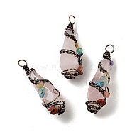 Natural Rose Quartz Pointed Big Pendants, Faceted Bullet Charm, with Red Copper Tone Brass Findings and Mixed Chip Stones, Cadmium Free & Lead Free, 51~55x15~17x17~19mm, Hole: 5~6mm(G-G860-03R-02)