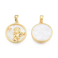 Natural Freshwater Shell Pendants, with Real 18K Gold Plated Brass Findings, Nickel Free, Flat Round Charm with Angel, Creamy White, 18x16x2mm, Hole: 2x4mm(KK-N233-415)