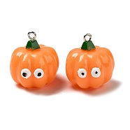 Autumn Cartoon Opaque Resin Vegetable Pendants, Funny Eye Pumpkin Charms with Platinum Plated Iron Loops, Orange, 24.5x23x24.5mm, Hole: 2mm(CRES-B018-06)