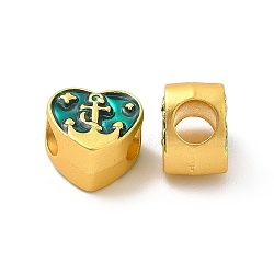 Rack Plating Alloy Enamel European Beads, Large Hole Beads, Lead Free & Cadmium Free & Nickel Free, Heart with Anchor, Matte Gold Color, 9.5x10x7mm, Hole: 4.2mm(PALLOY-F287-53MG)