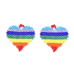 Handmade Seed Beads Pendants, with Elastic Thread, Loom Pattern, Rainbow Stripe Heart, Colorful, 30~31x29x2mm, Hole: 4mm(SEED-I012-30)