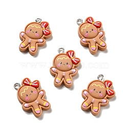Christmas Opaque Resin Pendants, with Platinum Tone Iron Loops, Gingerbread Man Charm, Sandy Brown, 27x18x5.5mm, Hole: 2x3mm(RESI-G043-B09)