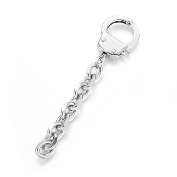 304 Stainless Steel Handcuffs Shape Keychain Clasp Findings, with Cable Chains, Stainless Steel Color, 82mm