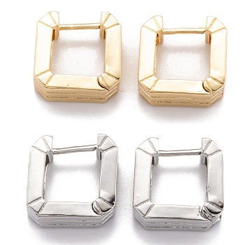 Brass Huggie Hoop Earrings, Long-Lasting Plated, Textured, Square, Mixed Color, 14x14.5x6mm, Pin: 1mm