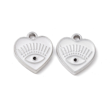 Alloy Enamel Pendants, Platinum, Heart with Eye Charm, White, 14.5x13x1.5mm, Hole: 1.6mm