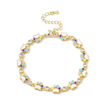 Brass Micro Pave Cubic Zirconia Chain Bracelets, Enamel Style Colorful Dog Paw Print Chain Link Bracelet for Women, with Chain Extender & Lobster Claw Clasp, Golden, 7-1/2 inch(19.1cm)