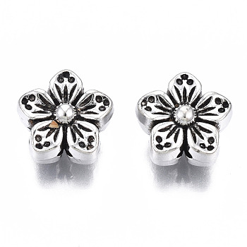 Tibetan Style Alloy Beads, Cadmium Free & Lead Free, Flower, Antique Silver, 8.5x8.5x5mm, Hole: 1mm, about 1190pcs/1000g