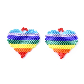 Handmade Seed Beads Pendants, with Elastic Thread, Loom Pattern, Rainbow Stripe Heart, Colorful, 30~31x29x2mm, Hole: 4mm
