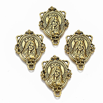 Tibetan Style Alloy Chandelier Component Links, 3 Loop Connectors, Chandelier Component Links, 3 Loop Connectors, for Religion, Cadmium Free & Lead Free, Oval with Virgin Mary & Words, Antique Golden, 29x20x3mm, Hole: 1.8mm and 1mm