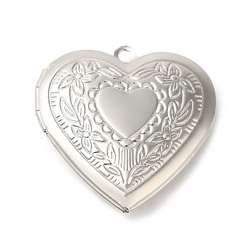 Rack Plating Brass Locket Pendants, Photo Frame Pendants for Necklaces, Cadmium Free & Lead Free, Heart with Flower Charm, Platinum, 29x29x7mm, Hole: 2mm, Inner Diameter: 20x21mm