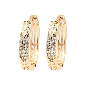 Brass Micro Pave Cubic Zirconia Hoop Earring, Hollow Leaf, Light Gold, 26x4mm