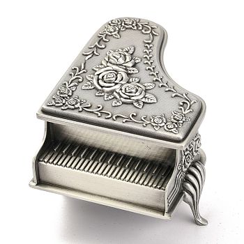 Piano European Classical Princess Jewelry Boxes, Alloy Carved Rose Jewelry Boxes, for Craft Gift, Antique Silver, 6.7x8.7x5.1cm, Inner Diameter: 58x52mm