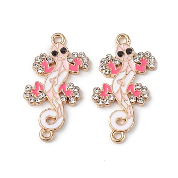 Alloy Enamel Connector Charms, Lizard Links with Crystal Rhinestone, Light Gold, Cadmium Free & Nickel Free & Lead Free, Pink, 30x16x2mm, Hole: 1.6mm