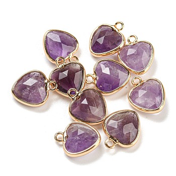 Natural Amethyst Faceted Heart Charms, with Golden Tone Brass Edge, 13.5x11x5mm, Hole: 1.6mm
