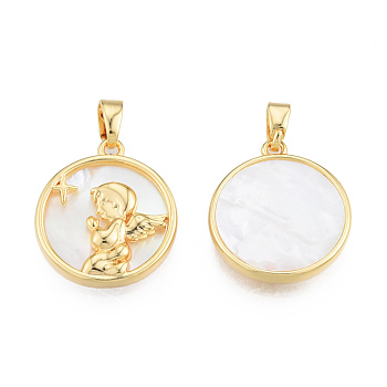 Natural Freshwater Shell Pendants, with Real 18K Gold Plated Brass Findings, Nickel Free, Flat Round Charm with Angel, Creamy White, 18x16x2mm, Hole: 2x4mm