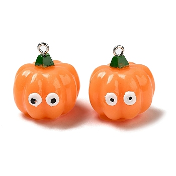Autumn Cartoon Opaque Resin Vegetable Pendants, Funny Eye Pumpkin Charms with Platinum Plated Iron Loops, Orange, 24.5x23x24.5mm, Hole: 2mm