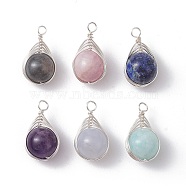 6Pcs 6 Styles Natural Mixed Gemstone Copper Wire Wrapped Pendants, Round Charms, Silver, 20x11x10.5mm, Hole: 2.5mm, 1pc/style(PALLOY-JF02540)