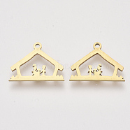 201 Stainless Steel Charms, Laser Cut Pendants, House with Human, Golden, 14x18x1mm, Hole: 1.2mm(STAS-S110-046G)