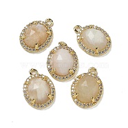 Natural Moonstone Faceted Oval Pendants, Rack Plating Brass Micro Pave Cubic Zirconia Charms, Golden, 15.5x11x4.5mm, Hole: 1.4mm(G-I375-02G-09)