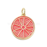 Rack Plating Brass Enamel Pendants, with Jump Ring, Long-Lasting Plated, Cadmium Free & Lead Free, Lemon Slices Charm, Real 18K Gold Plated, Cerise, 17x14.5x2mm, Hole: 3mm(KK-M293-39G-04)