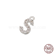 Real Platinum Plated Rhodium Plated 925 Sterling Silver Micro Pave Clear Cubic Zirconia Charms, Initial Letter, Letter S, 9.5x5.5x1.5mm, Hole: 0.9mm(STER-P054-10P-S)